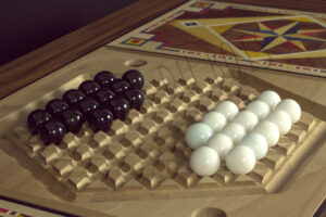 Vue de détail de la Table à jeux style Louis XVI sur le plateau de jeu Abalone